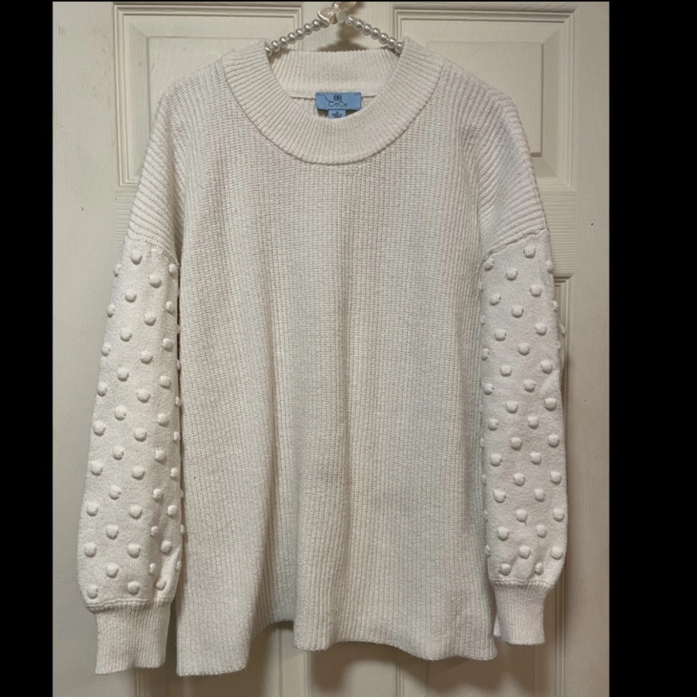 CeCe by Cynthia Steffe Pompom Sleeve Crewneck Sweater Women Size XL EUC Preppy